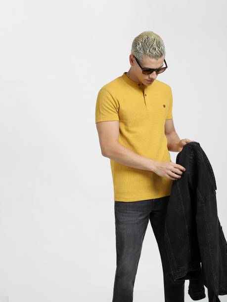 Men Self Design Henley Neck Cotton Blend Yellow T-Shirt