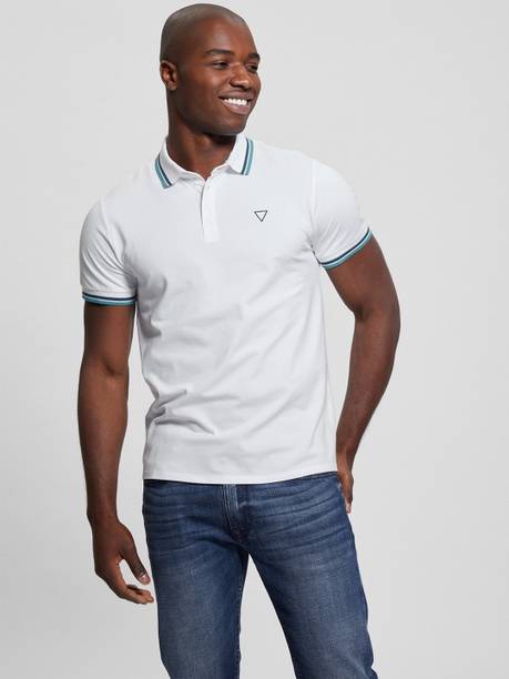 GUESS Solid Men Polo Neck White T-Shirt