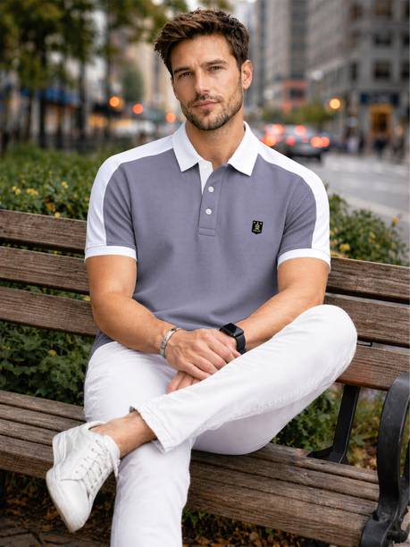 Men Colorblock Polo Neck Polyester Grey T-Shirt