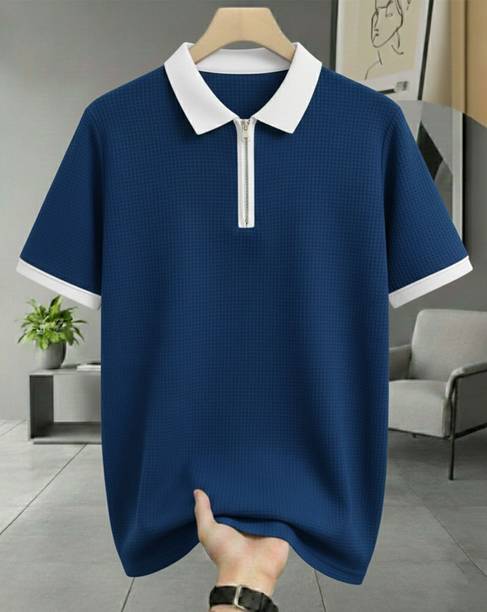 Men Self Design Polo Neck Cotton Blend Blue, White T-Shirt