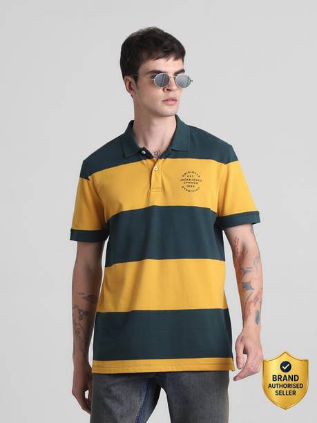 JACK & JONES Men Striped Polo Neck Cotton Blend Yellow T-Shirt