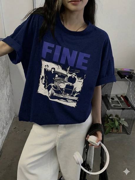 Women Graphic Print Round Neck Cotton Blend Navy Blue T-Shirt