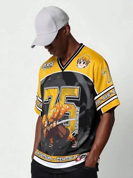 Men Printed V Neck Polyester Yellow T-Shirt