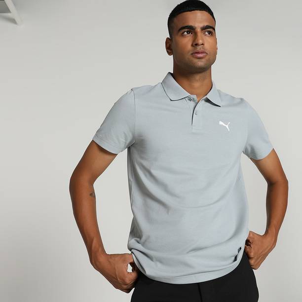 Ms Ess Men Solid Polo Neck Pure Cotton Grey T-Shirt