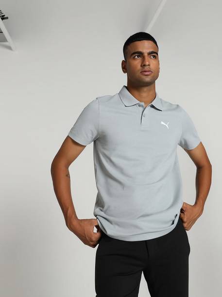 Ms Ess Men Solid Polo Neck Pure Cotton Grey T-Shirt