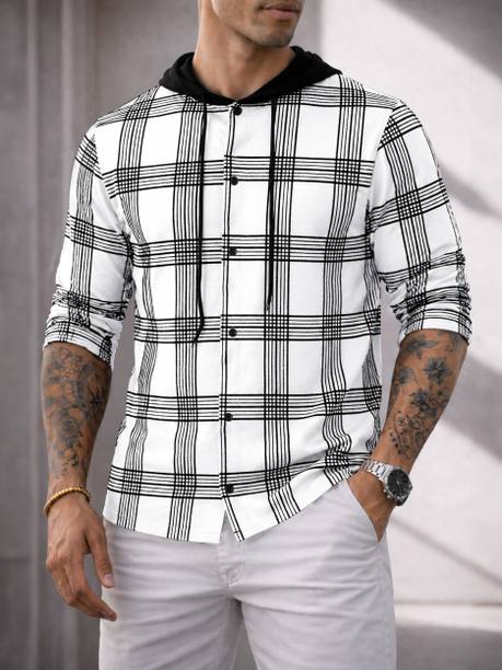 Men Colorblock Hooded Neck Cotton Blend White T-Shirt