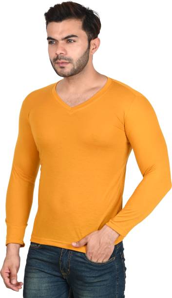 Debut Solid Men V Neck Yellow T-Shirt