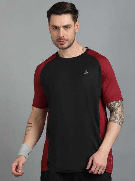 Men Colorblock Round Neck Polyester Black, Maroon T-Shirt