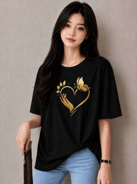 Women Graphic Print Round Neck Cotton Blend Black T-Shirt