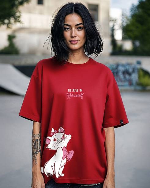 Oversized Women Graphic Print Round Neck Pure Cotton Red T-Shirt