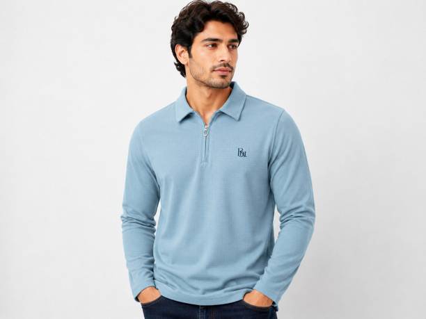 Men Self Design Polo Neck Polycotton Blue T-Shirt