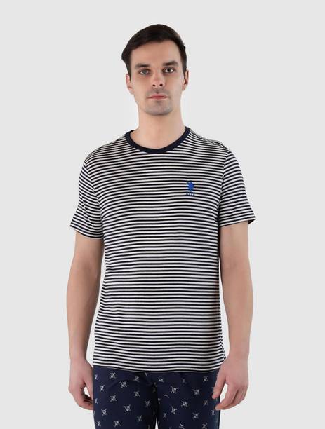 Men Striped Round Neck Pure Cotton Grey, Navy Blue T-Shirt