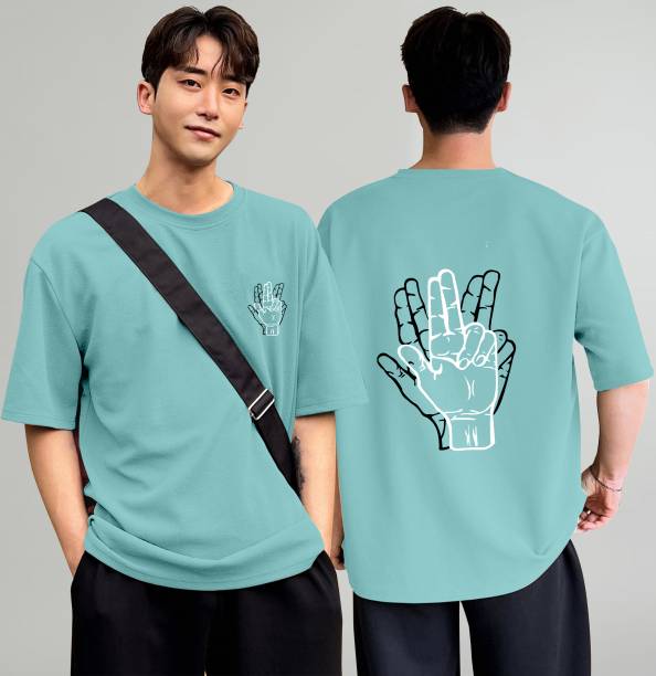 Men Printed Round Neck Poly Cotton Blue T-Shirt Price in India