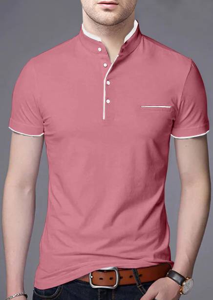 Men Solid Polo Neck Cotton Blend Pink T-Shirt Price in India