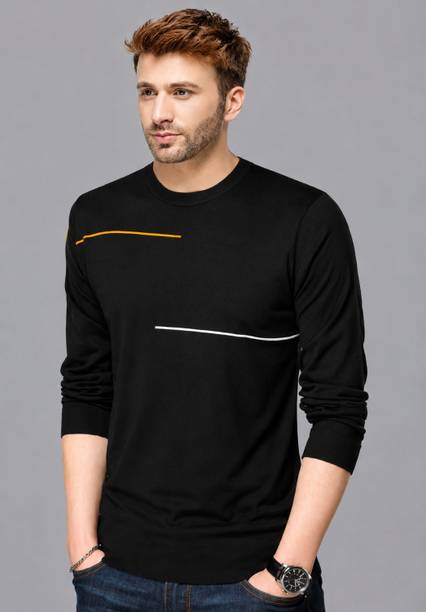 Men Striped Round Neck Cotton Blend Black T-Shirt
