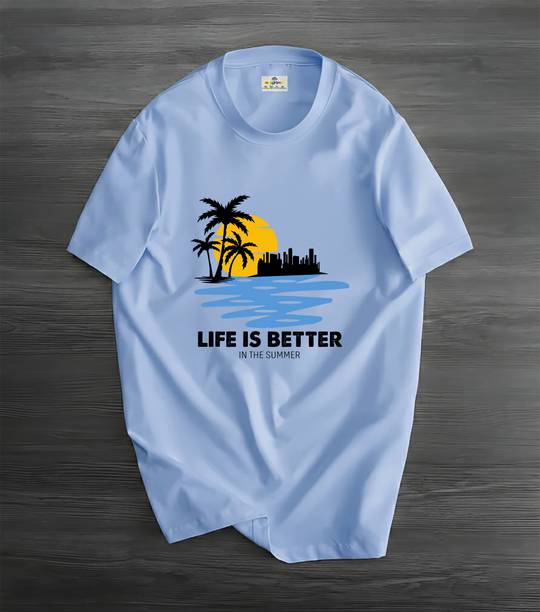 Men Printed Round Neck Pure Cotton Light Blue T-Shirt