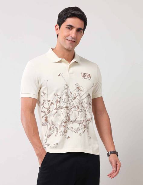 Men Graphic Print Polo Neck Pure Cotton Beige T-Shirt