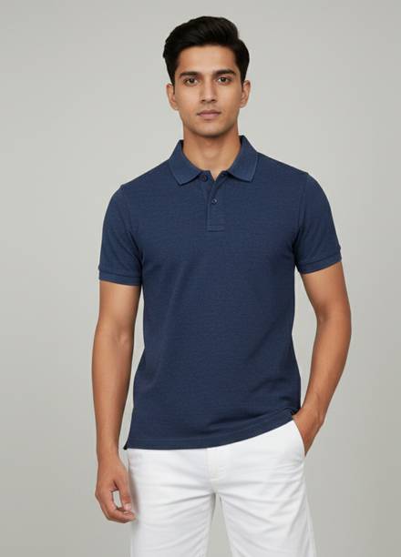 Men Solid Polo Neck Pure Cotton Blue T-Shirt
