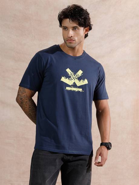 WROGN Men Printed Crew Neck Pure Cotton Blue T-Shirt