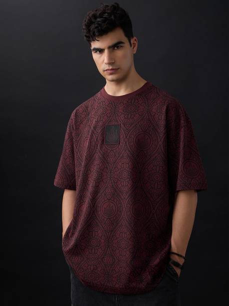The Souled Store Men Printed Round Neck Pure Cotton Maroon T-Shirt