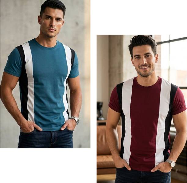 Men Striped, Colorblock Round Neck Polyester Multicolor T-Shirt