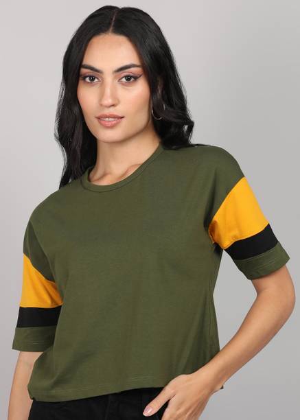 METRONAUT By Flipkart Colorblock Women Round Neck Cotton Blend Dark Green T-S...