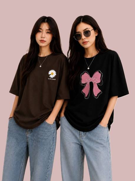 Pack of 2 Women Graphic Print Round Neck Cotton Blend Brown, Black T-Shirt