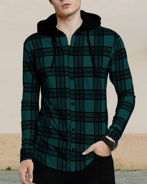 EyeBogler Men Colorblock Hooded Neck Cotton Blend Dark Green T-Sh