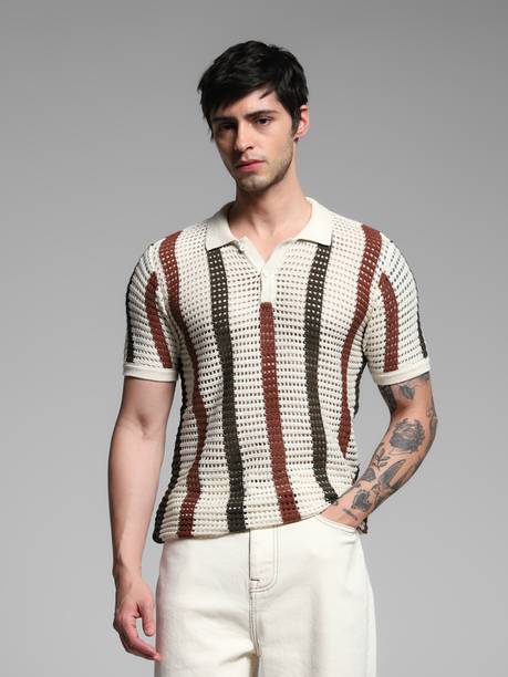 Men Striped Polo Neck Cotton Blend Beige T-Shirt