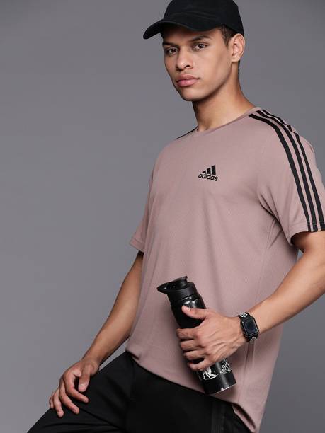 IN SMU3S CO T Men Striped Round Neck Polyester Grey T-Shirt