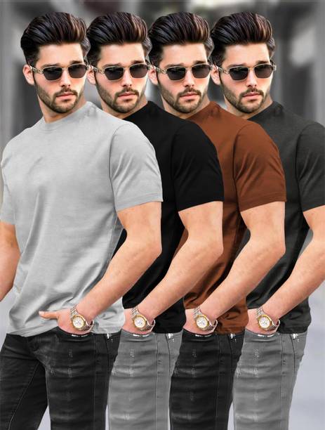 Pack of 4 Men Solid Round Neck Cotton Blend Grey, Black, Brown T-Shirt