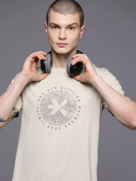 Men Printed Round Neck Cotton Blend Beige T-Shirt