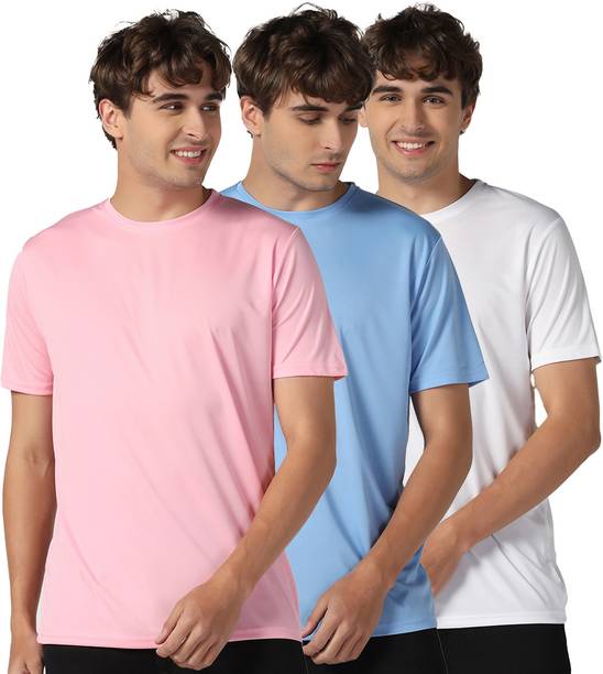 Pack of 3 Men Solid Round Neck Polyester Multicolor T-Shirt