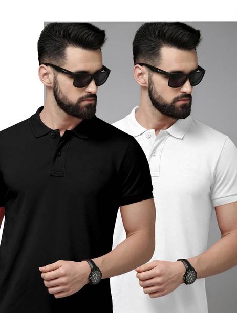 Pack of 2 Solid Men Polo Neck Polycotton Black, White T-Shirt