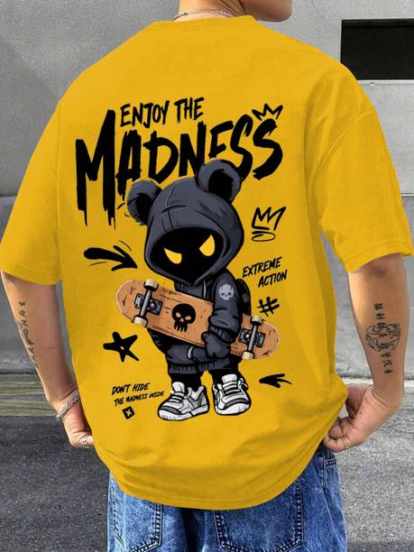 Men Graphic Print Round Neck Cotton Blend Yellow T-Shirt