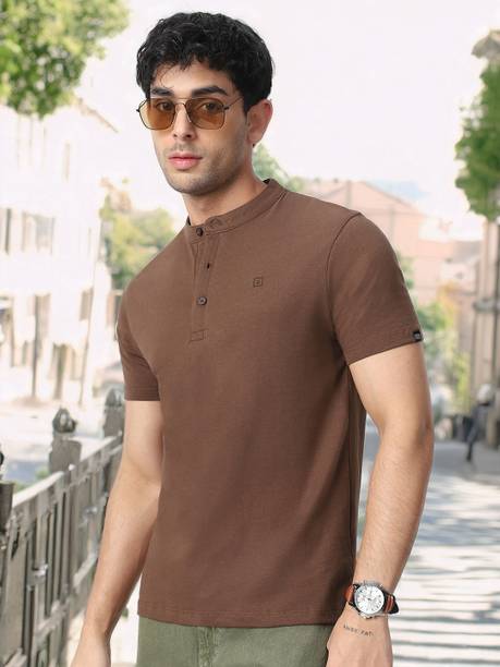 Men Solid Mandarin Collar Pure Cotton Brown T-Shirt