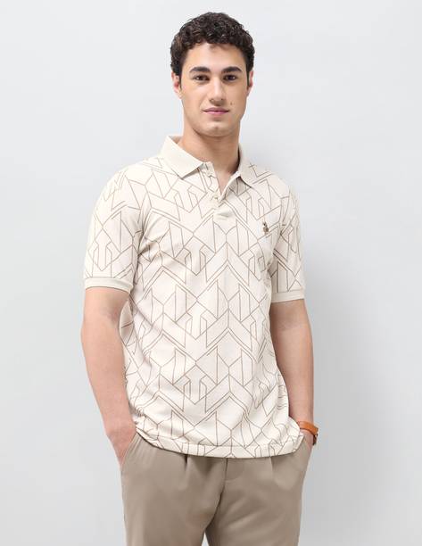 Men Geometric Print Polo Neck Cotton Blend Beige T-Shirt