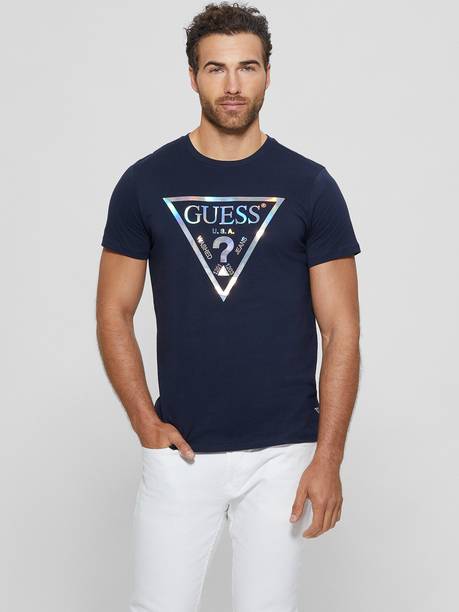 GUESS Printed Men Round Neck Dark Blue T-Shirt