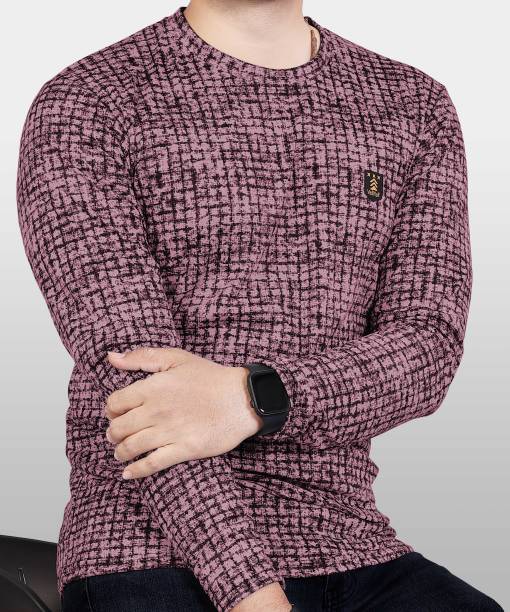 Men Checkered Round Neck Poly Cotton Pink T-Shirt Price in India