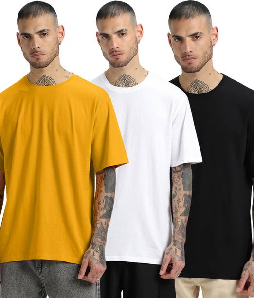 Veirdo Pack of 3 Oversized Men Solid Round Neck Pure Cotton Multi