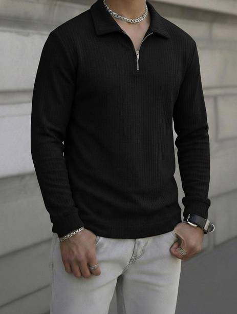 Men Solid Polo Neck Cotton Blend Black T-Shirt