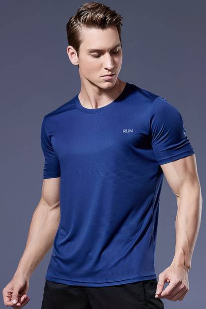 Men Solid, Typography Round Neck Polyester Blue T-Shirt