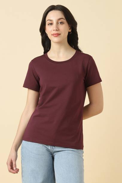 Women Solid Round Neck Cotton Blend Maroon T-Shirt