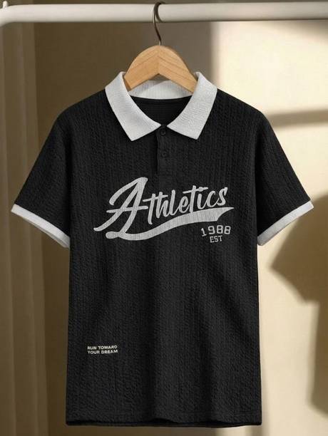 Men Typography Polo Neck Cotton Blend Black, Gold T-Shirt