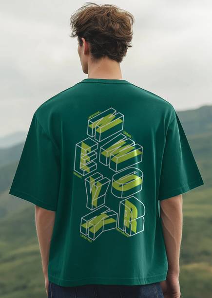 Men Graphic Print Crew Neck Pure Cotton Green T-Shirt