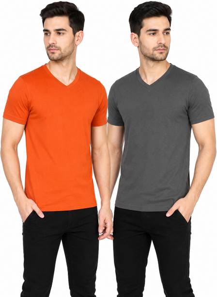 Men Solid V Neck Pure Cotton Orange, Grey T-Shirt