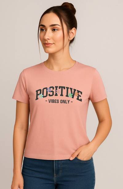 HouseOfCommon Women Printed Round Neck Polyester Pink T-Shirt