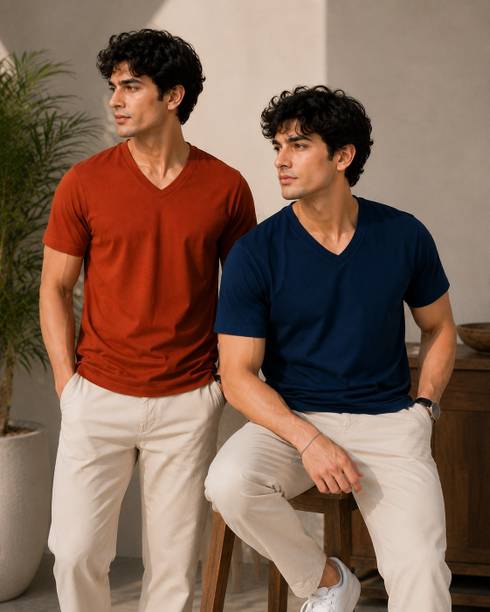 Men Solid V Neck Cotton Blend Orange, Blue T-Shirt