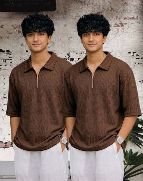 Pack of 2 Men Self Design Zip Neck Polyester Multicolor T-Shirt