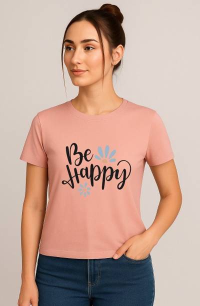 HouseOfCommon Women Printed Round Neck Polyester Pink T-Shirt